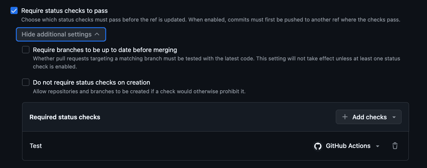 ruleset에서 Test를 필수 status check로 지정한 화면
